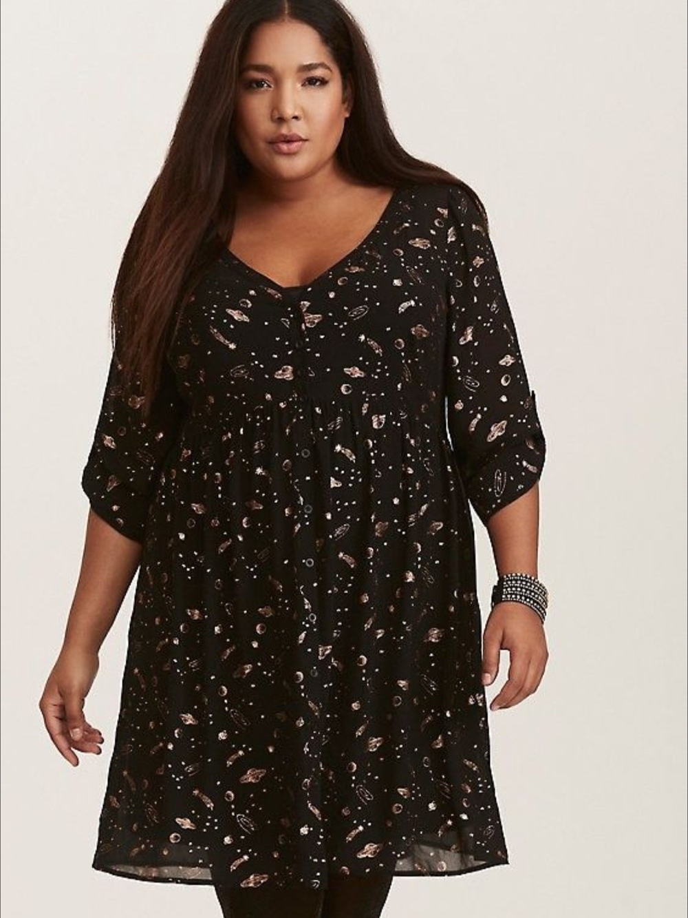 Torrid Black & Metallic Space Print Chiffon Button Front Dress, Size 0x GUC